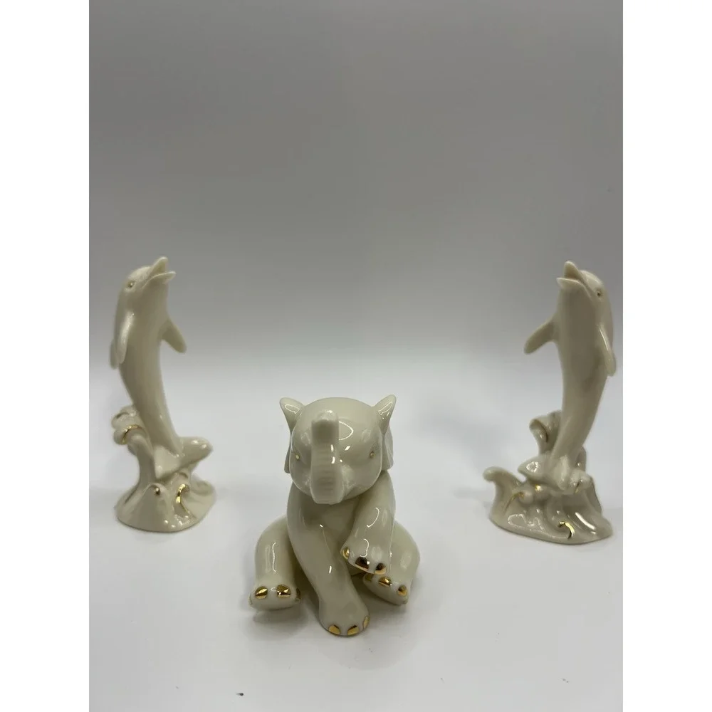 LENOX Porcelain Dolphins & Elephant Figurines 24k Gold Vintage (Lot of 3)